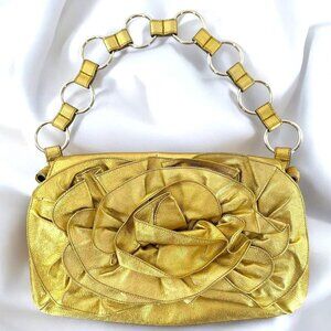 YSL Saint Laurent Rive Gauche Metallic Gilt Gold Leather Rose Baguette Bag